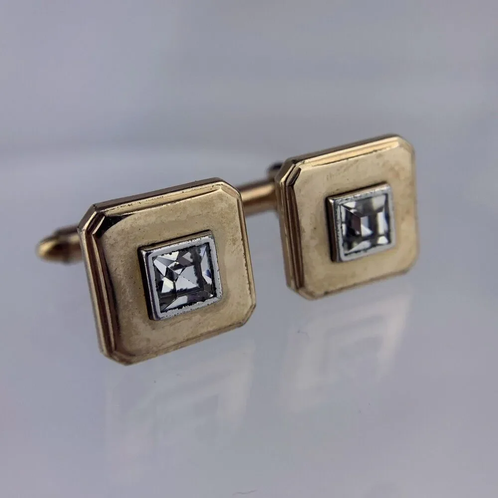 Simple Diamante Glass 1/20 12k Gold Filled Cufflinks Square Kreisler Vintage